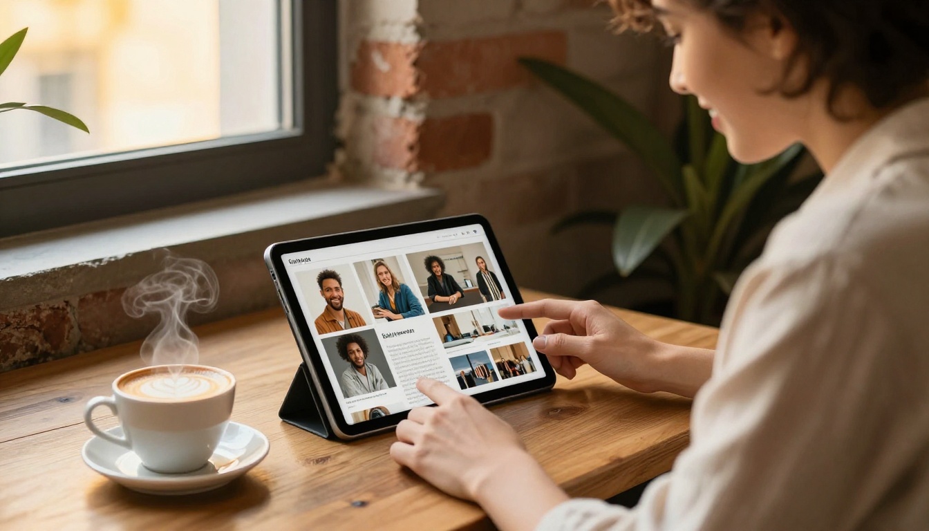 Designer showing a client a case study on a tablet at a cafe table Designer showing a client a case study on a tablet at a cafe table