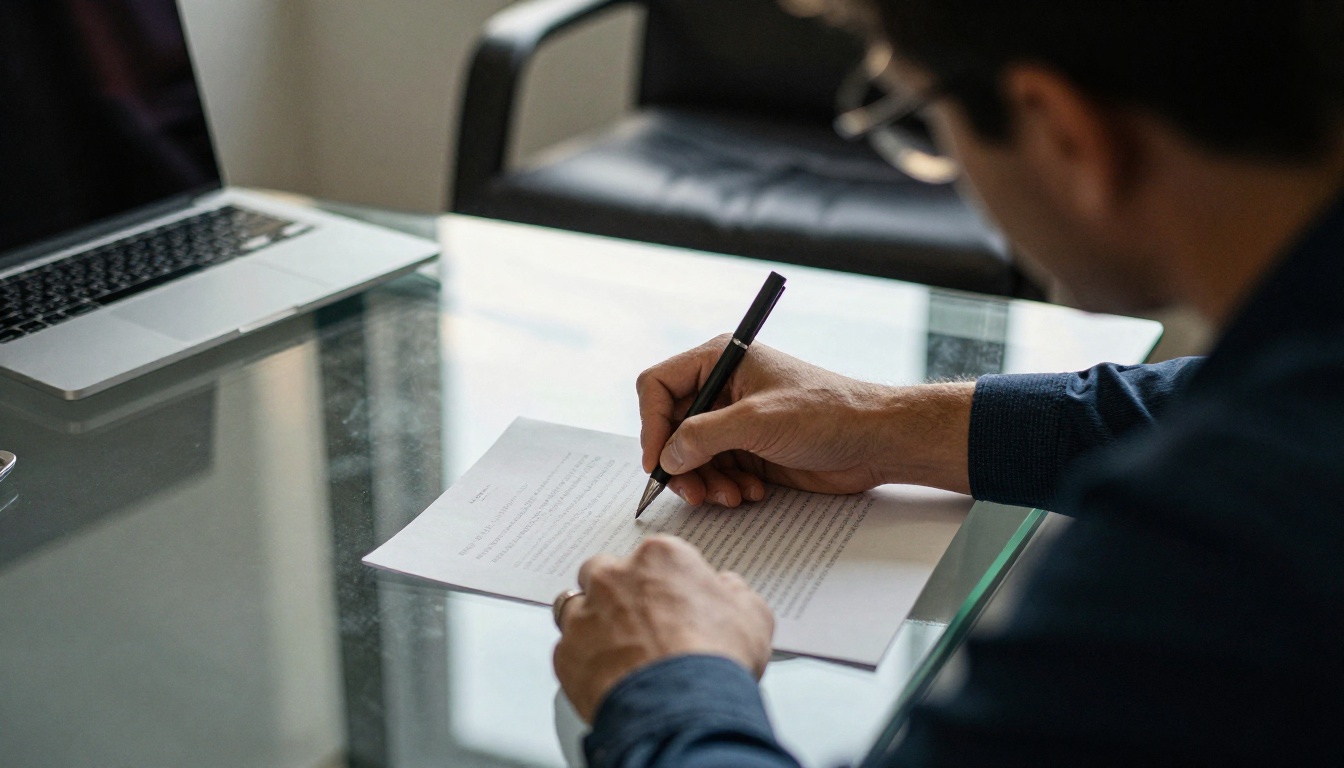 Businessman signing a contract at a glass table in an executive office Businessman signing a contract at a glass table in an executive office