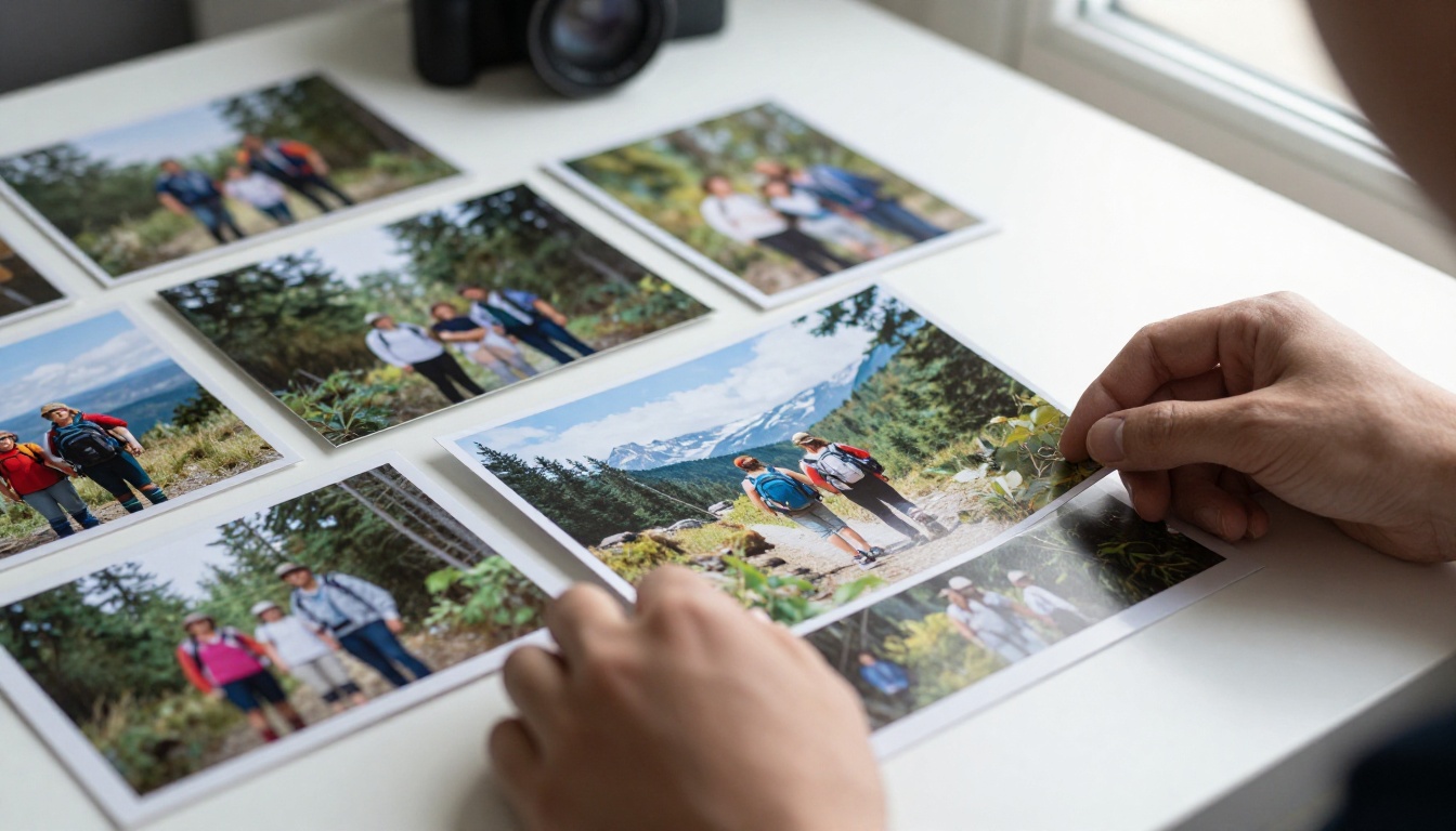 Photographer's hands arranging printed photos in a grid on a white desk Photographer's hands arranging printed photos in a grid on a white desk