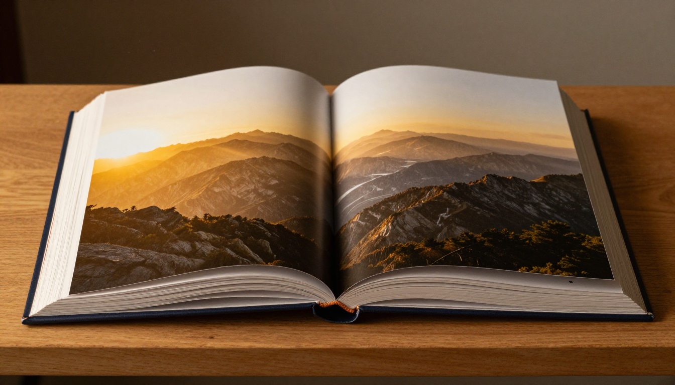 Low-angle view of an open photo book with a full bleed mountain landscape across two pages Low-angle view of an open photo book with a full bleed mountain landscape across two pages