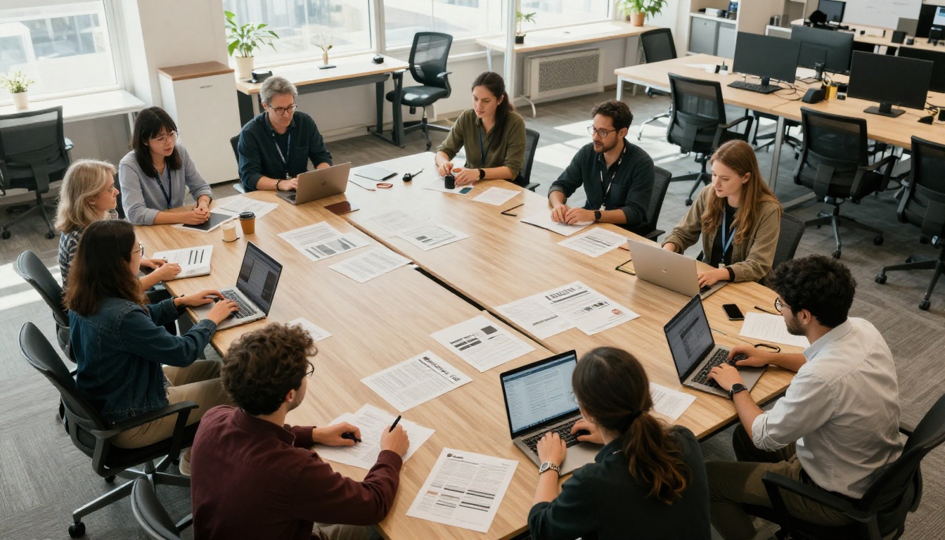 Agency team comparing several printed proposals around a large table Agency team comparing several printed proposals around a large table