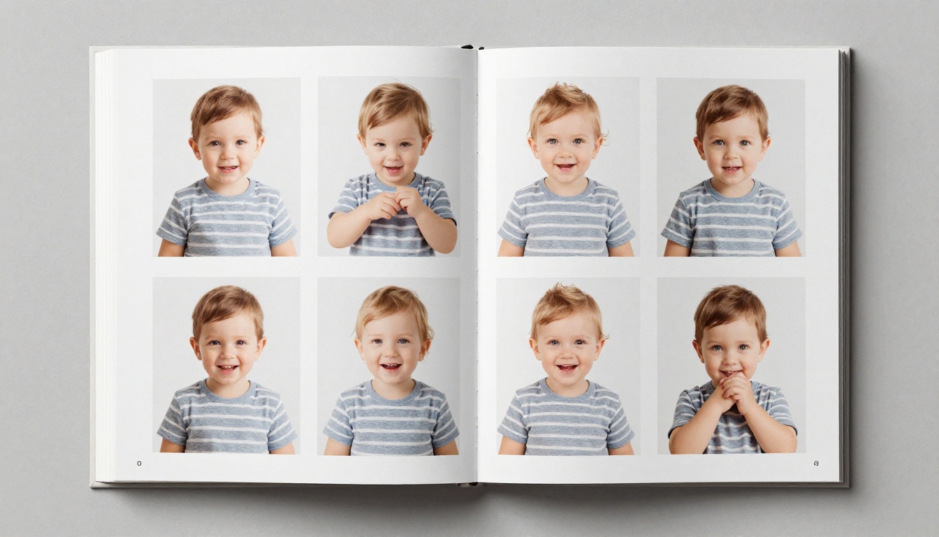 Aerial view of a photo book spread with a clean grid of six matching square portraits Aerial view of a photo book spread with a clean grid of six matching square portraits