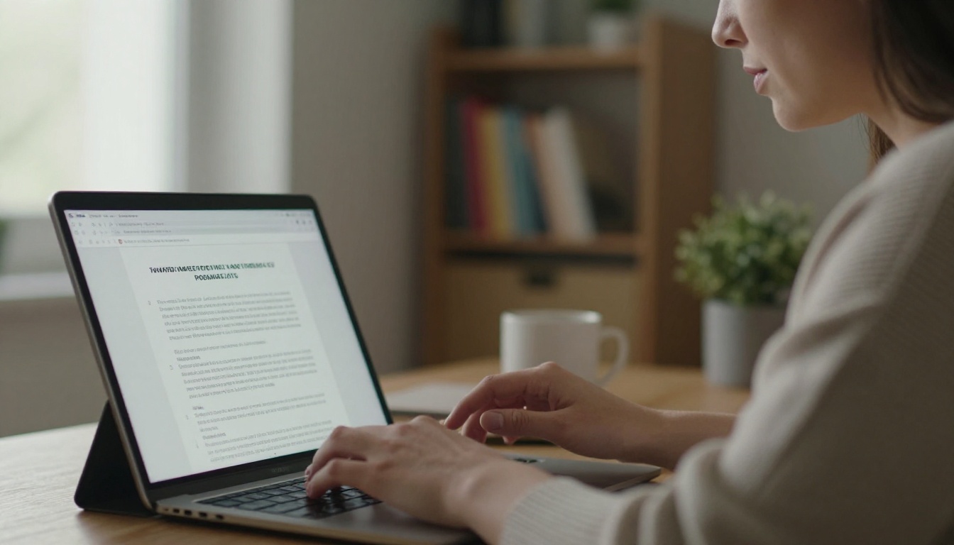 Woman reading a business proposal on a tablet in a home office Woman reading a business proposal on a tablet in a home office