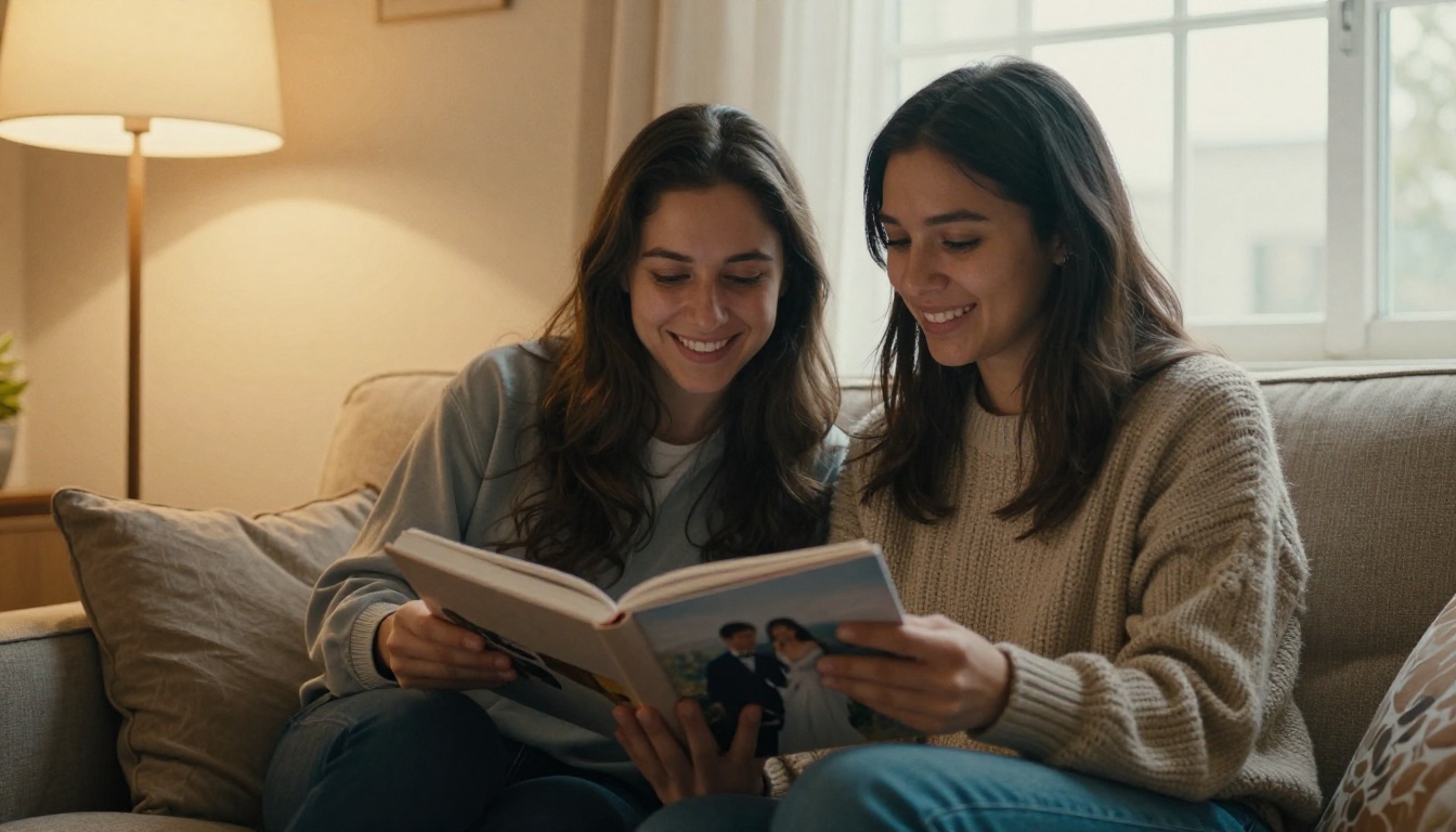 Medium shot of a couple on a sofa flipping through a wedding photo book Medium shot of a couple on a sofa flipping through a wedding photo book
