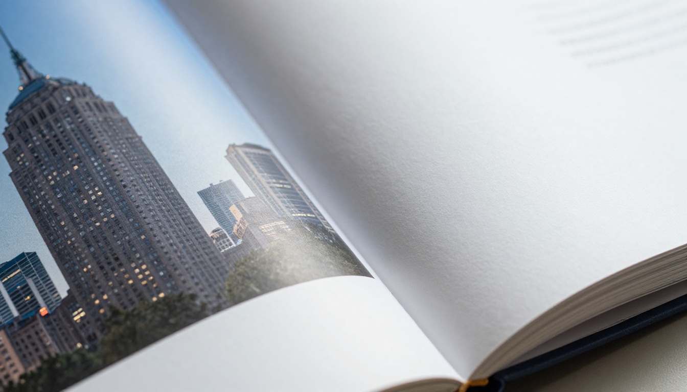 Extreme close-up of a photo book gutter where a panoramic city skyline runs across two pages Extreme close-up of a photo book gutter where a panoramic city skyline runs across two pages