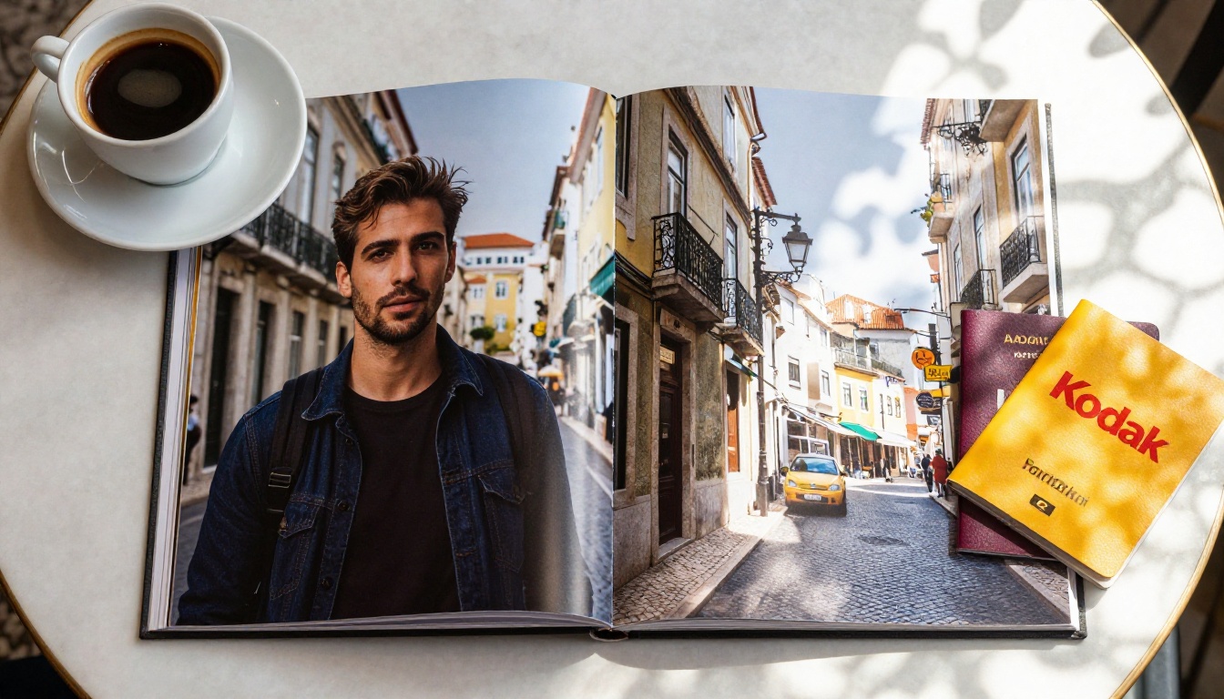 Eye-level photograph of a travel photo book spread on a cafe table with one large portrait and a collage of street details Eye-level photograph of a travel photo book spread on a cafe table with one large portrait and a collage of street details