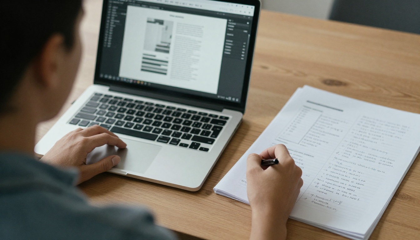Designer at a desk with a laptop and a printed test spread with pencil notes Designer at a desk with a laptop and a printed test spread with pencil notes
