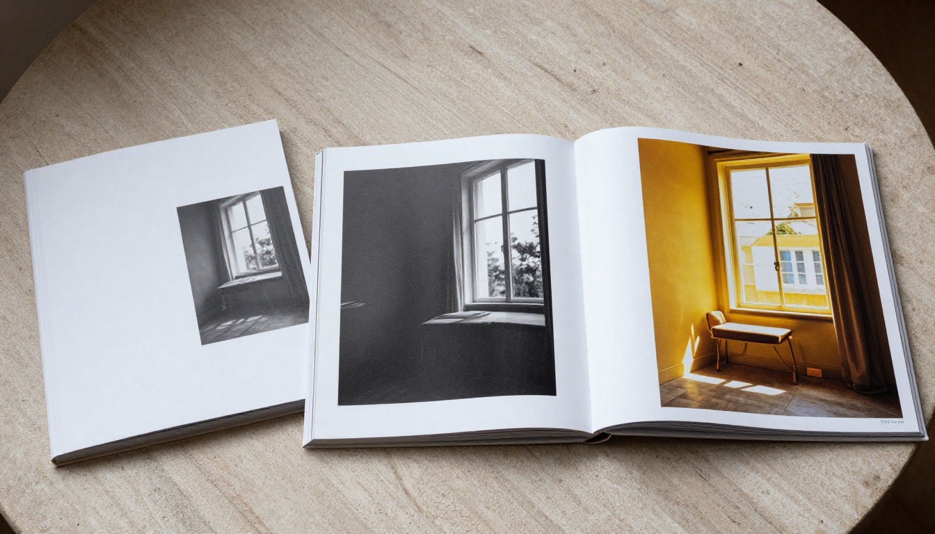 Three photo books fanned out on a stone countertop, each open to a different spread style Three photo books fanned out on a stone countertop, each open to a different spread style