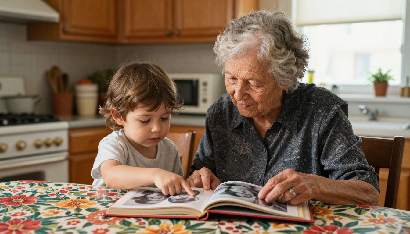 Grandmother and child at a kitchen table looking at an open family photo book Grandmother and child at a kitchen table looking at an open family photo book