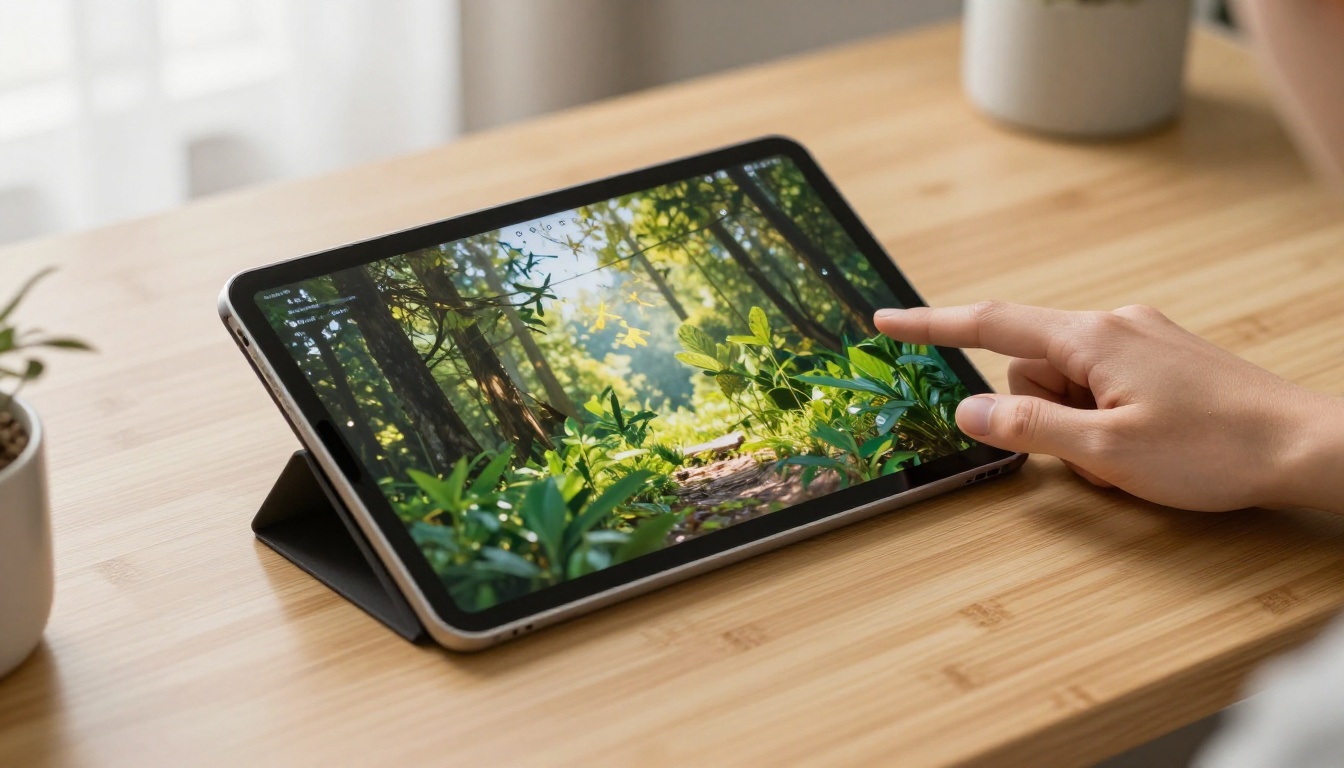 Tablet on a bamboo desk displaying a digital page-turning photo album Tablet on a bamboo desk displaying a digital page-turning photo album
