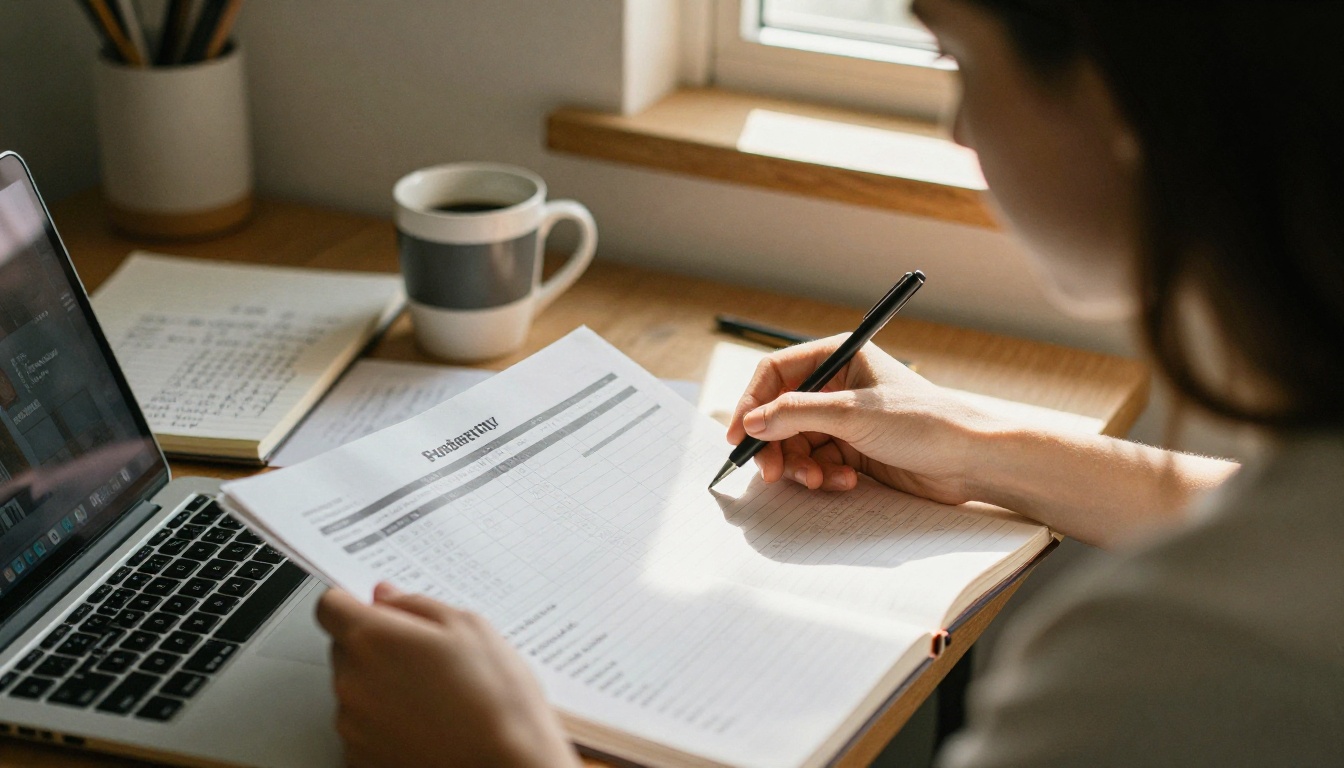 Young woman reviewing a home buyer checklist on a laptop at a sunlit kitchen table Young woman reviewing a home buyer checklist on a laptop at a sunlit kitchen table