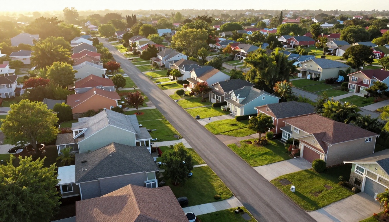Aerial view of a tree-lined suburban neighborhood at golden hour Aerial view of a tree-lined suburban neighborhood at golden hour