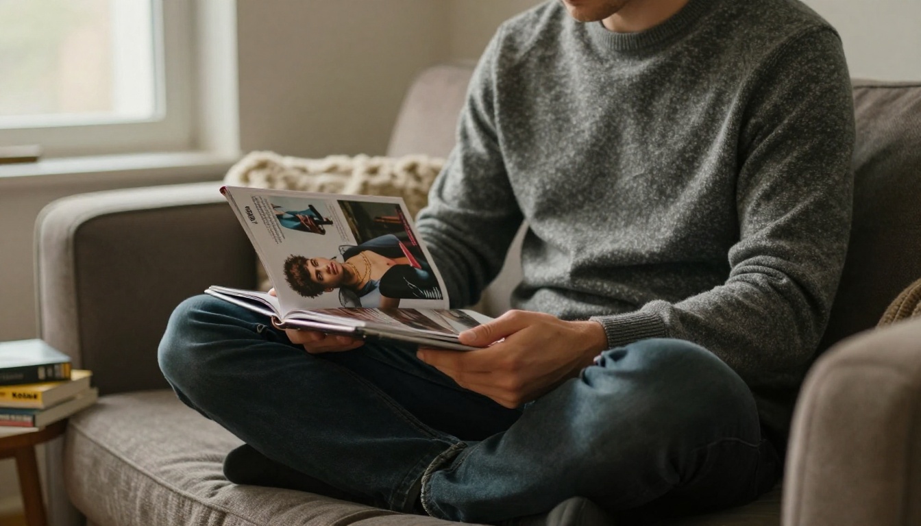 A man reading a fashion magazine on a tablet from a sofa A man reading a fashion magazine on a tablet from a sofa