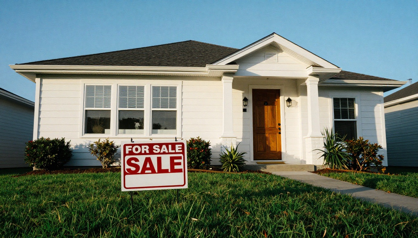 Exterior of a modern home with a for sale sign on a manicured lawn Exterior of a modern home with a for sale sign on a manicured lawn