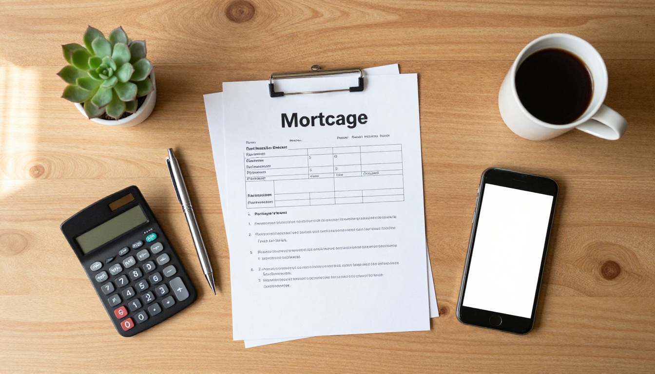 Flat lay of a mortgage payment worksheet with calculator, pen and coffee on a wooden desk Flat lay of a mortgage payment worksheet with calculator, pen and coffee on a wooden desk