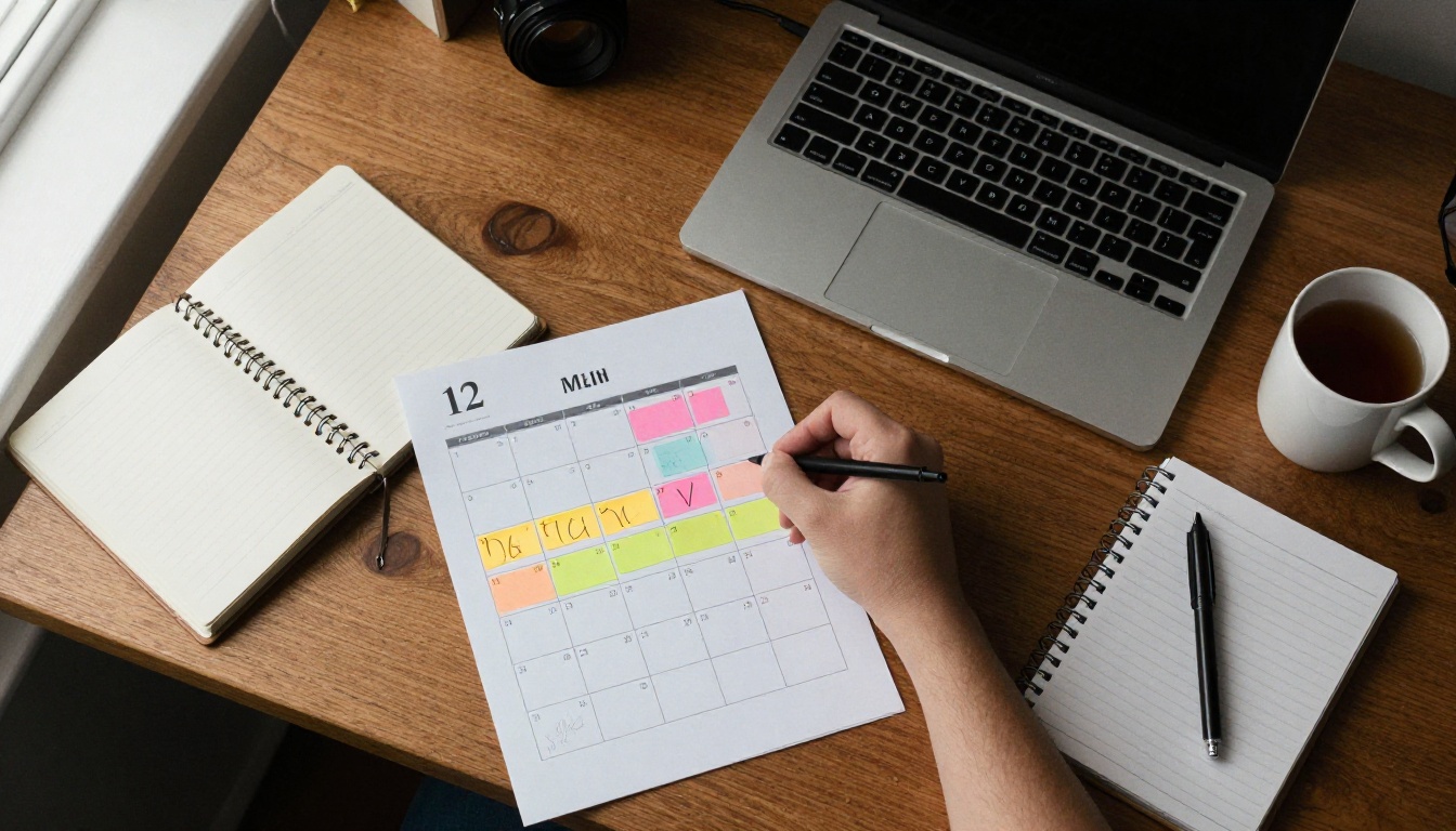 Church secretary planning a twelve month editorial calendar at a wooden desk
