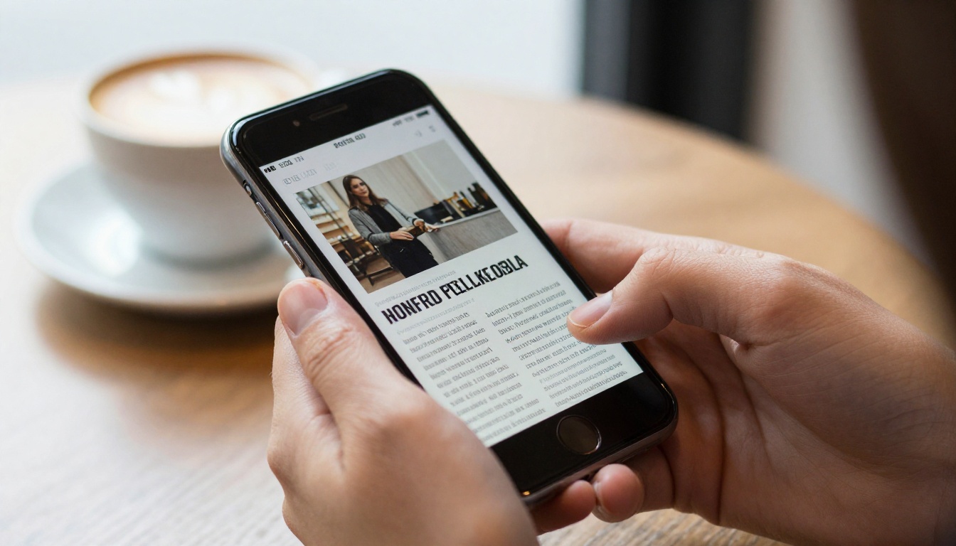 A woman's hands holding a smartphone showing a magazine article A woman's hands holding a smartphone showing a magazine article