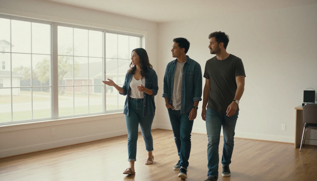 Real estate agent walking a couple through a bright empty living room during a home tour Real estate agent walking a couple through a bright empty living room during a home tour