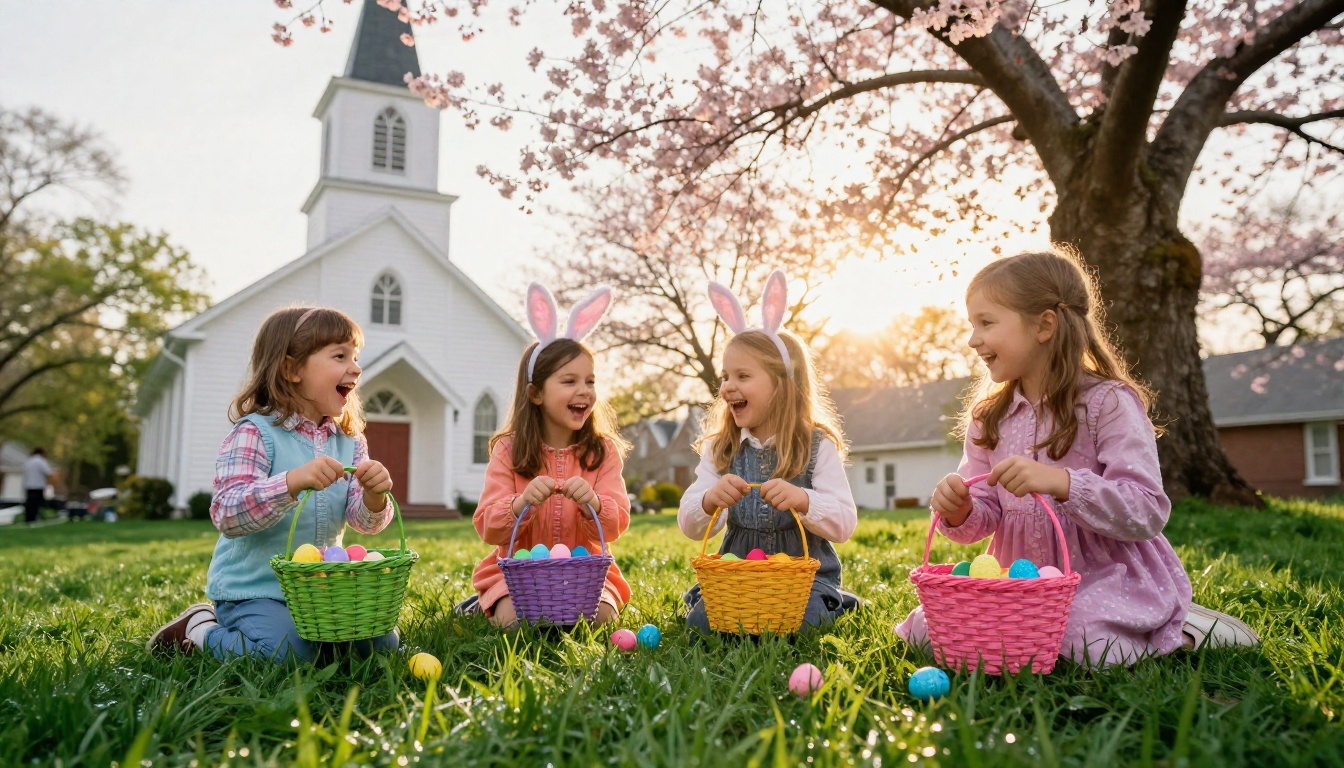 Children holding baskets at a church Easter egg hunt under cherry blossoms