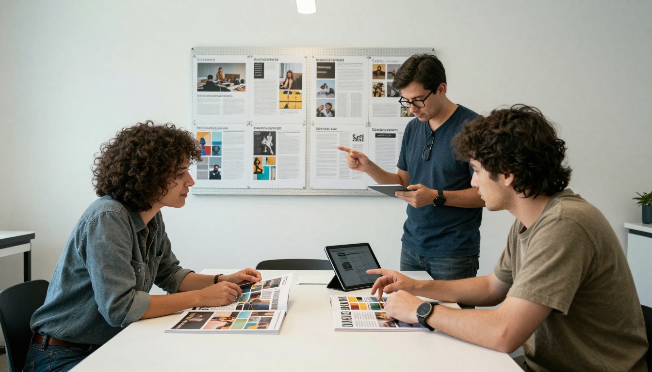 Two editors reviewing a printed magazine mockup next to a tablet Two editors reviewing a printed magazine mockup next to a tablet