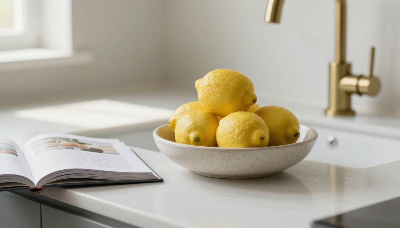 Modern kitchen with white quartz counters, brass faucet and a bowl of lemons Modern kitchen with white quartz counters, brass faucet and a bowl of lemons