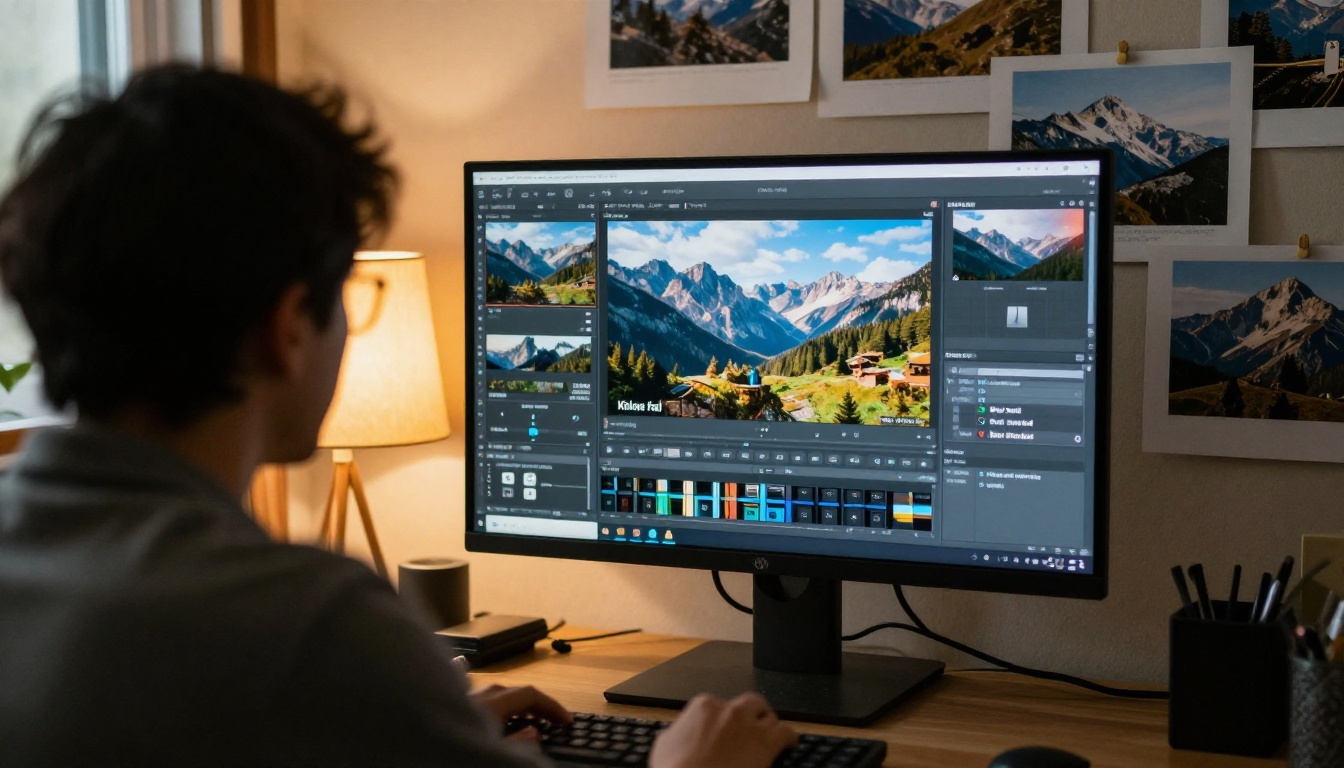 A photographer editing a travel magazine spread on a large monitor A photographer editing a travel magazine spread on a large monitor