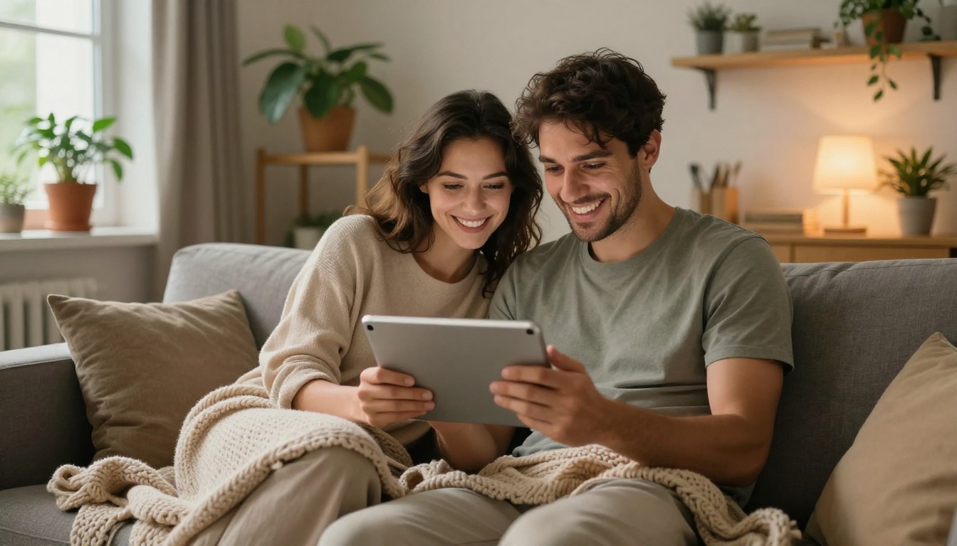 Cozy apartment scene of a couple reading a digital booklet together on a tablet Cozy apartment scene of a couple reading a digital booklet together on a tablet