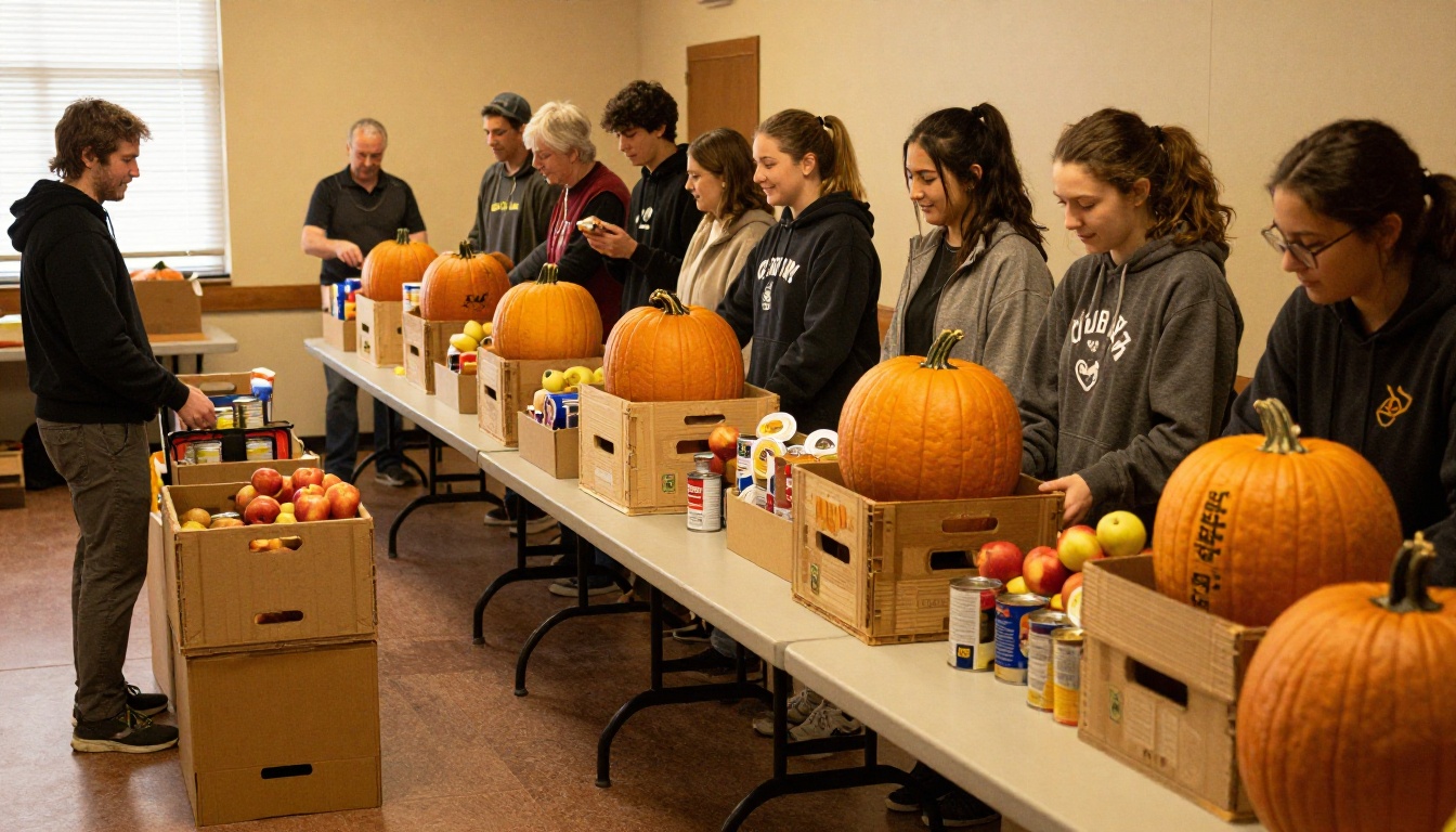 Church members stacking crates of canned goods and pumpkins for a food drive