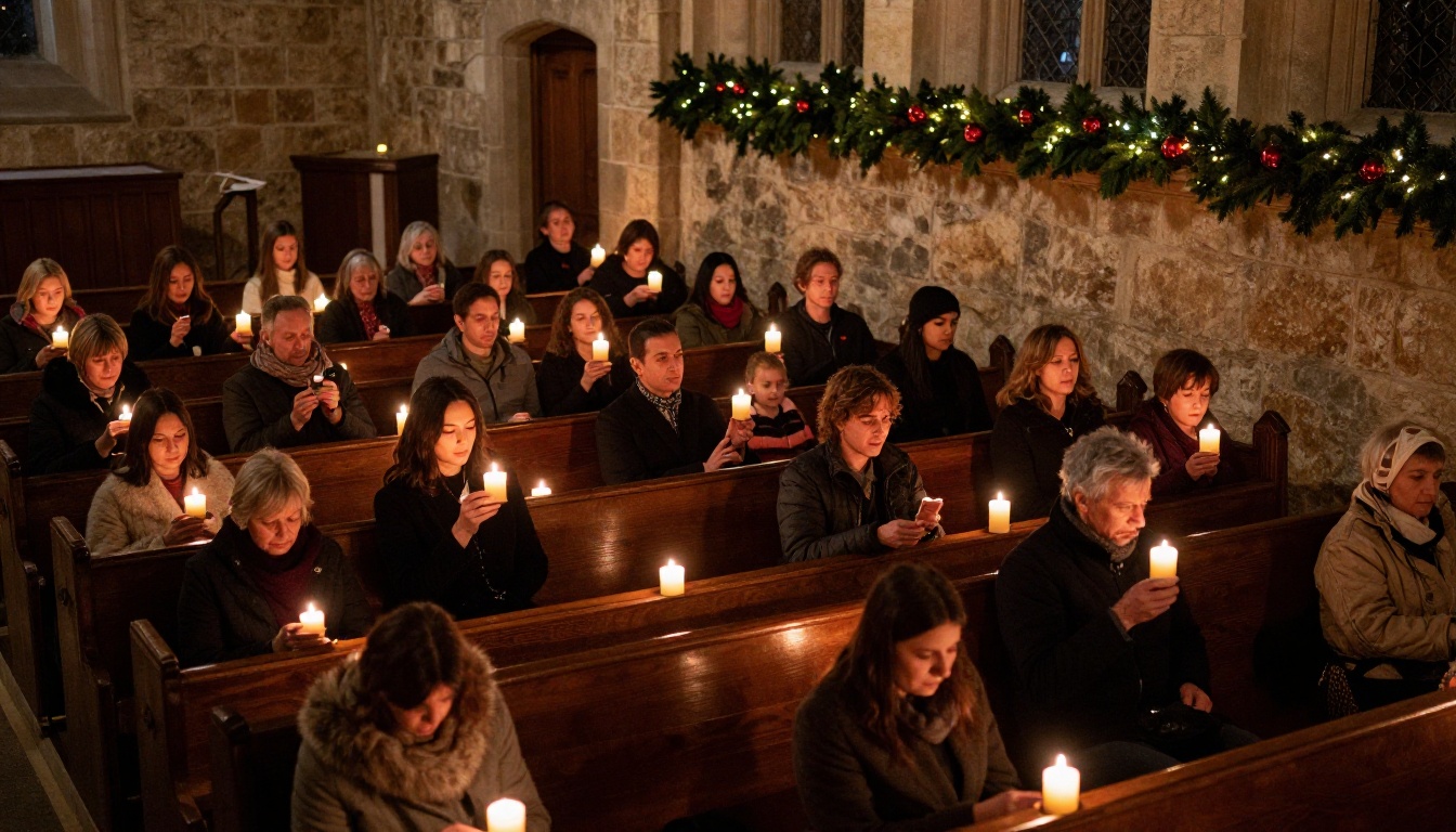 Congregation holding candles during a Christmas Eve service in a stone church