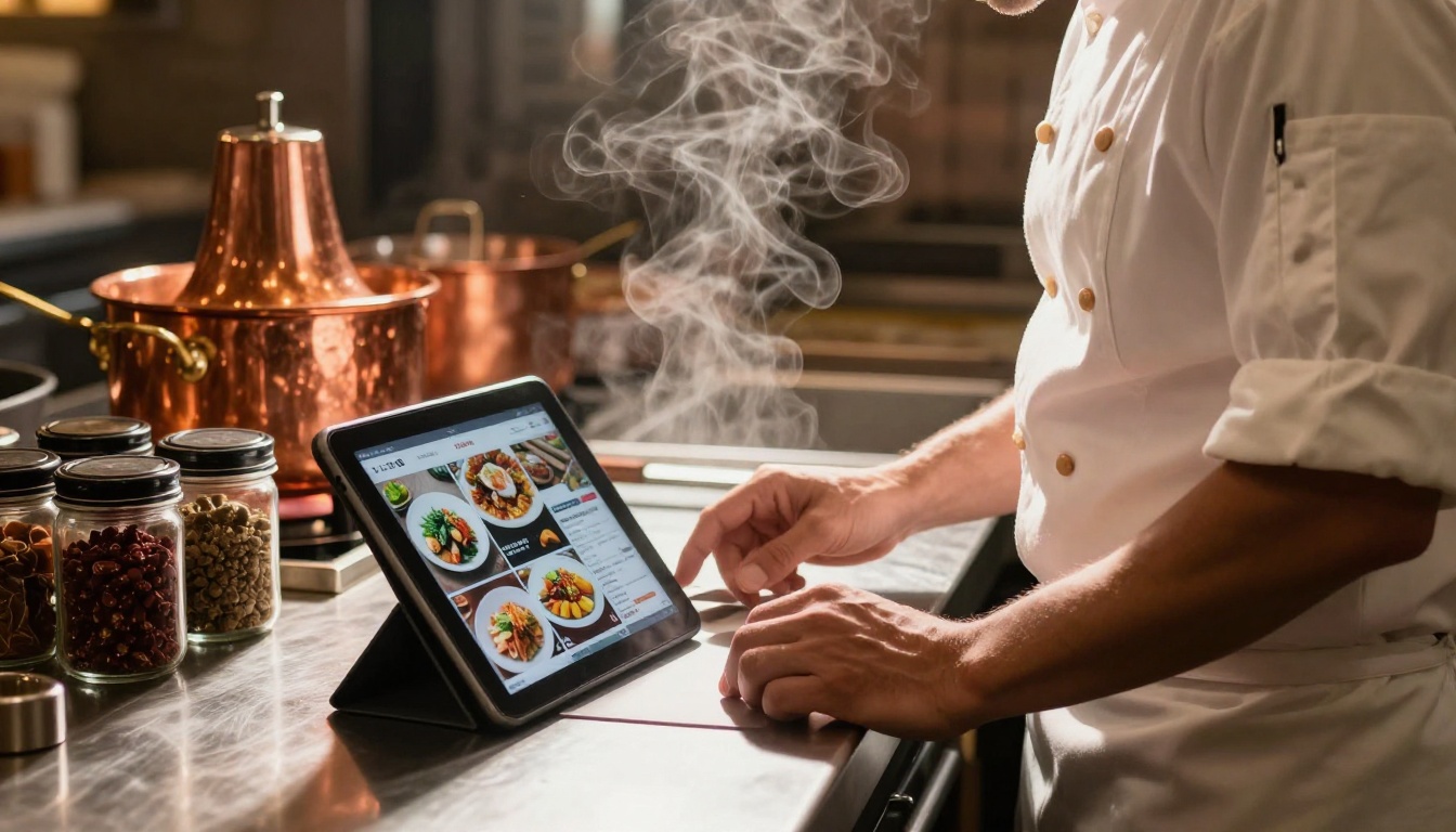 A chef reading a food feature on a tablet in a restaurant kitchen A chef reading a food feature on a tablet in a restaurant kitchen