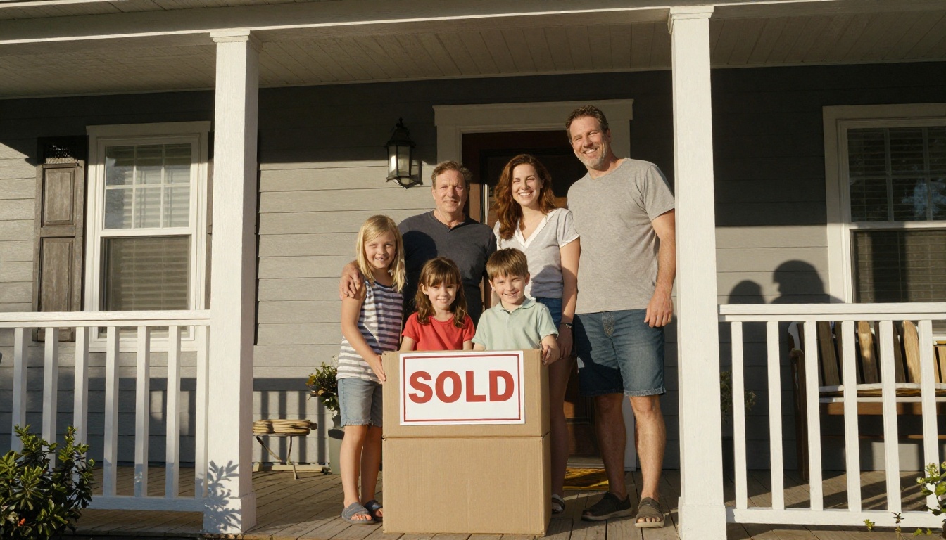 Cheerful family on the front porch of their new home with a moving box and a sold sign Cheerful family on the front porch of their new home with a moving box and a sold sign