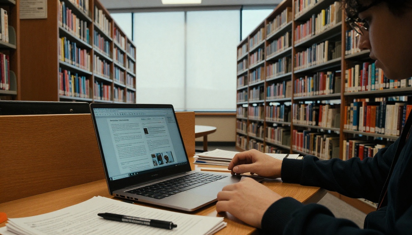 A university student reading a digital magazine at a library desk A university student reading a digital magazine at a library desk