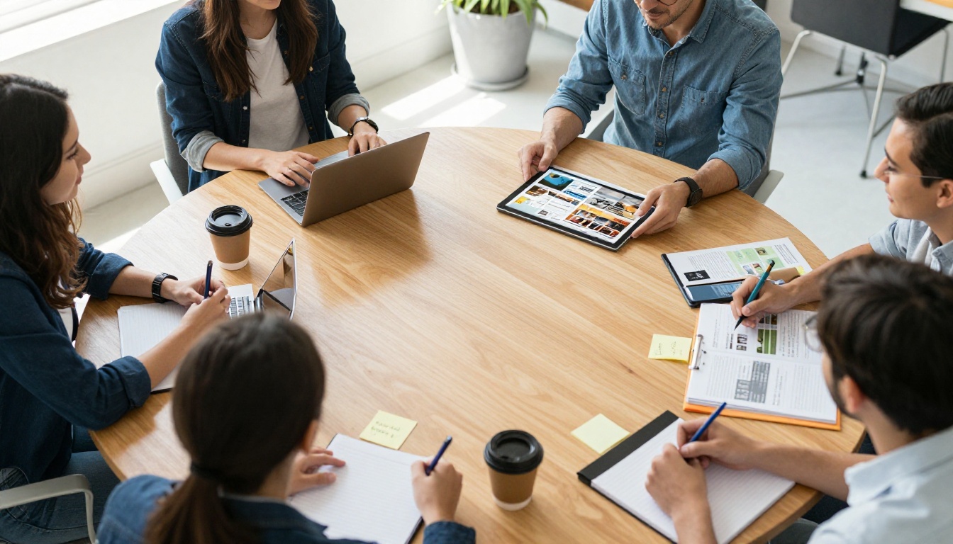 A small team reviewing a digital magazine prototype around a meeting table A small team reviewing a digital magazine prototype around a meeting table