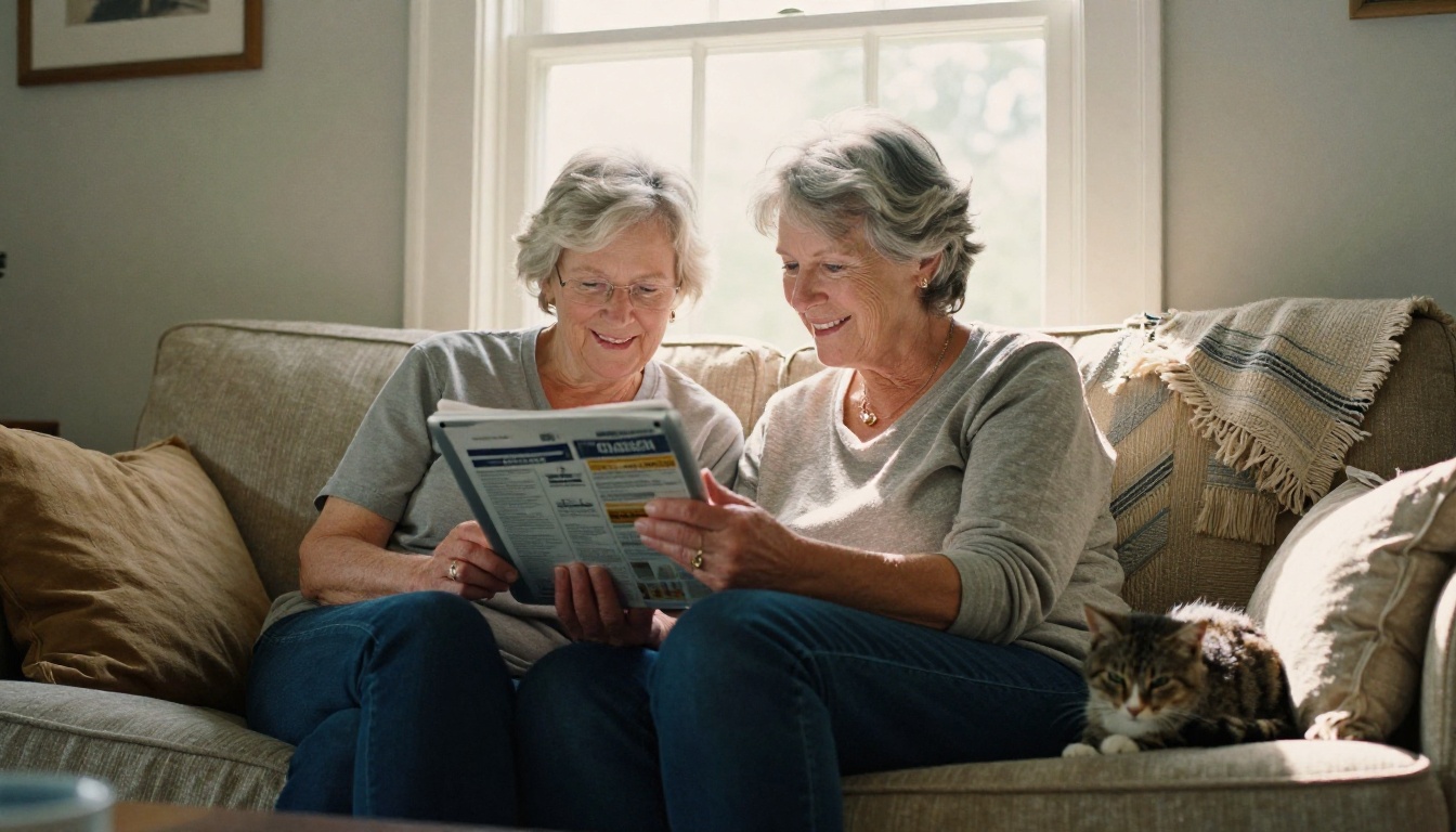 Retired couple reading a church newsletter together on a tablet at home