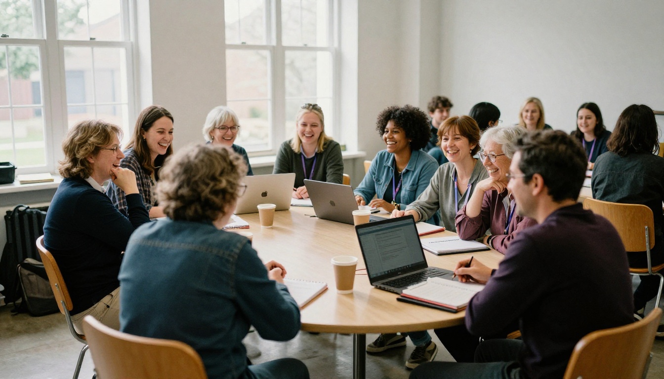 Group of church volunteers planning the newsletter around a table