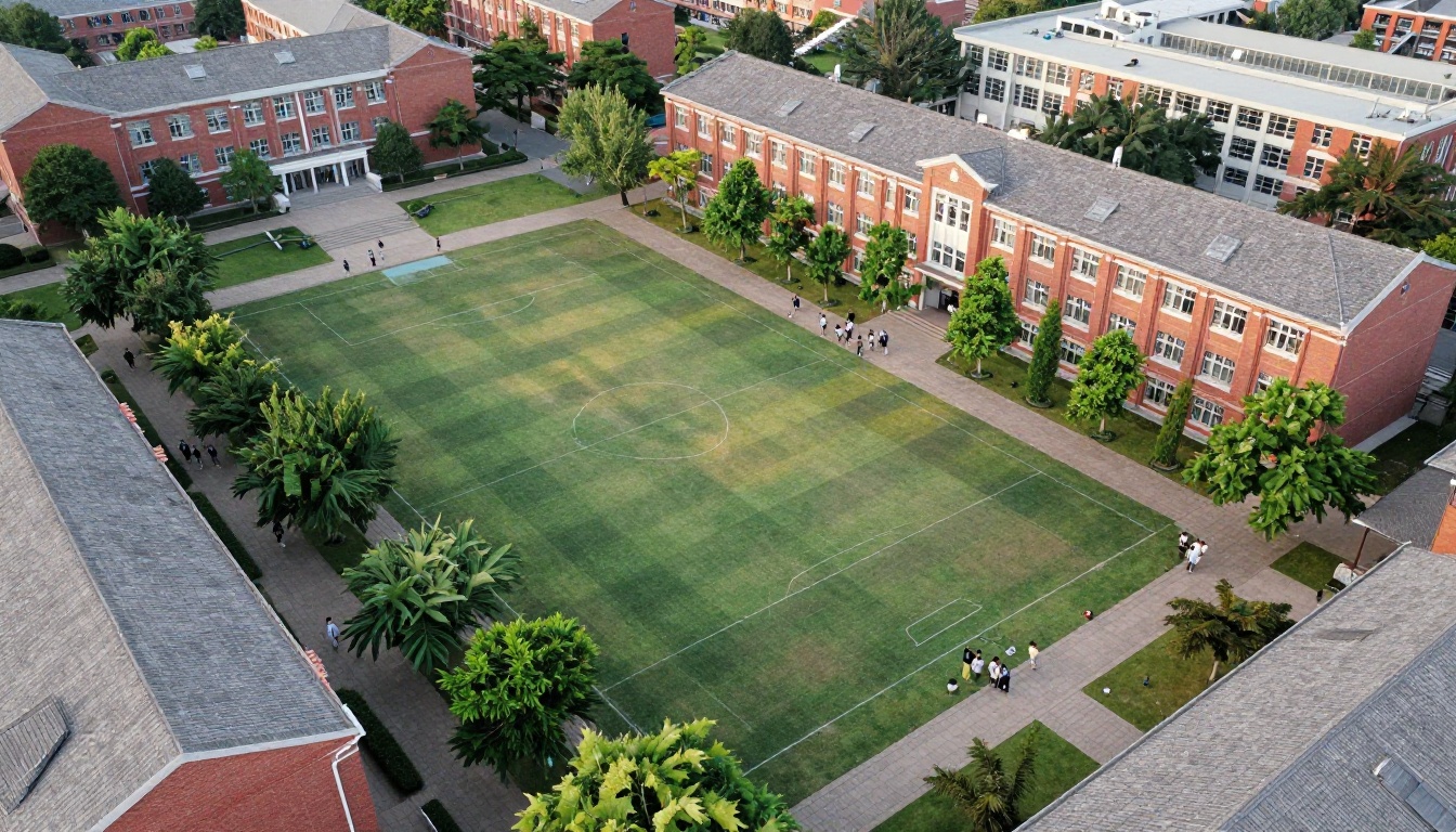 Aerial view of a school campus with brick buildings and sports fields Aerial view of a school campus with brick buildings and sports fields