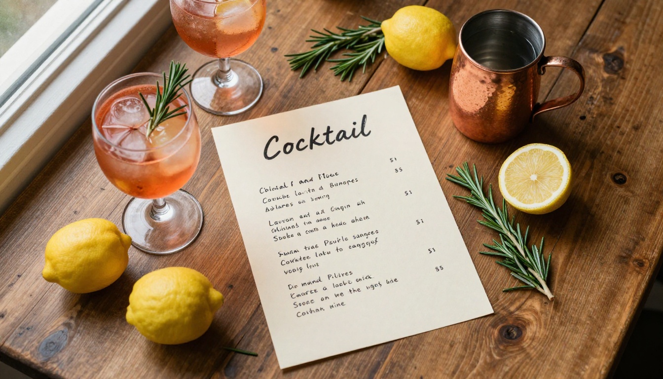 Overhead view of a handwritten cocktail menu surrounded by lemons, rosemary and spritz glasses Overhead view of a handwritten cocktail menu surrounded by lemons, rosemary and spritz glasses