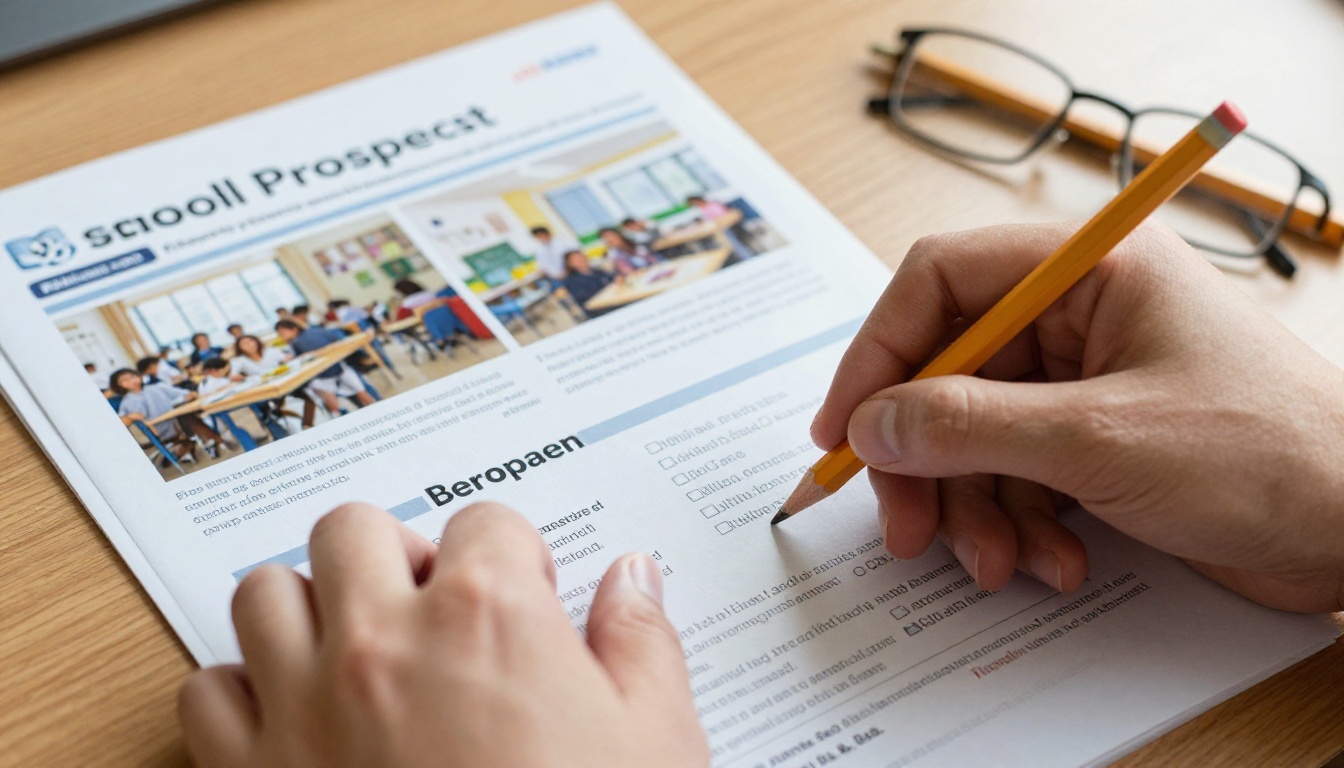 Hands turning pages of a printed school prospectus on a wooden desk Hands turning pages of a printed school prospectus on a wooden desk