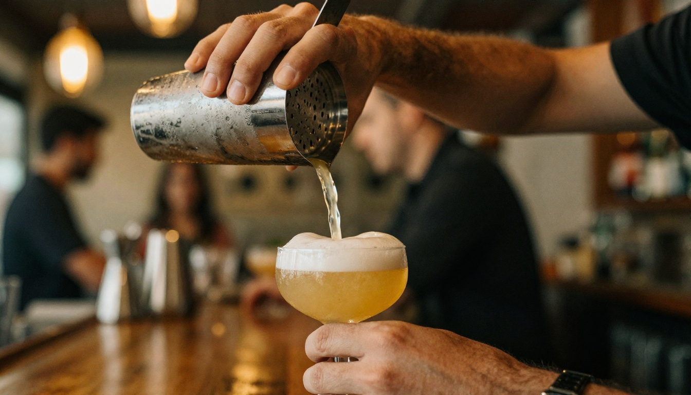 Bartender pouring a golden whiskey sour from a steel shaker into a coupe glass Bartender pouring a golden whiskey sour from a steel shaker into a coupe glass