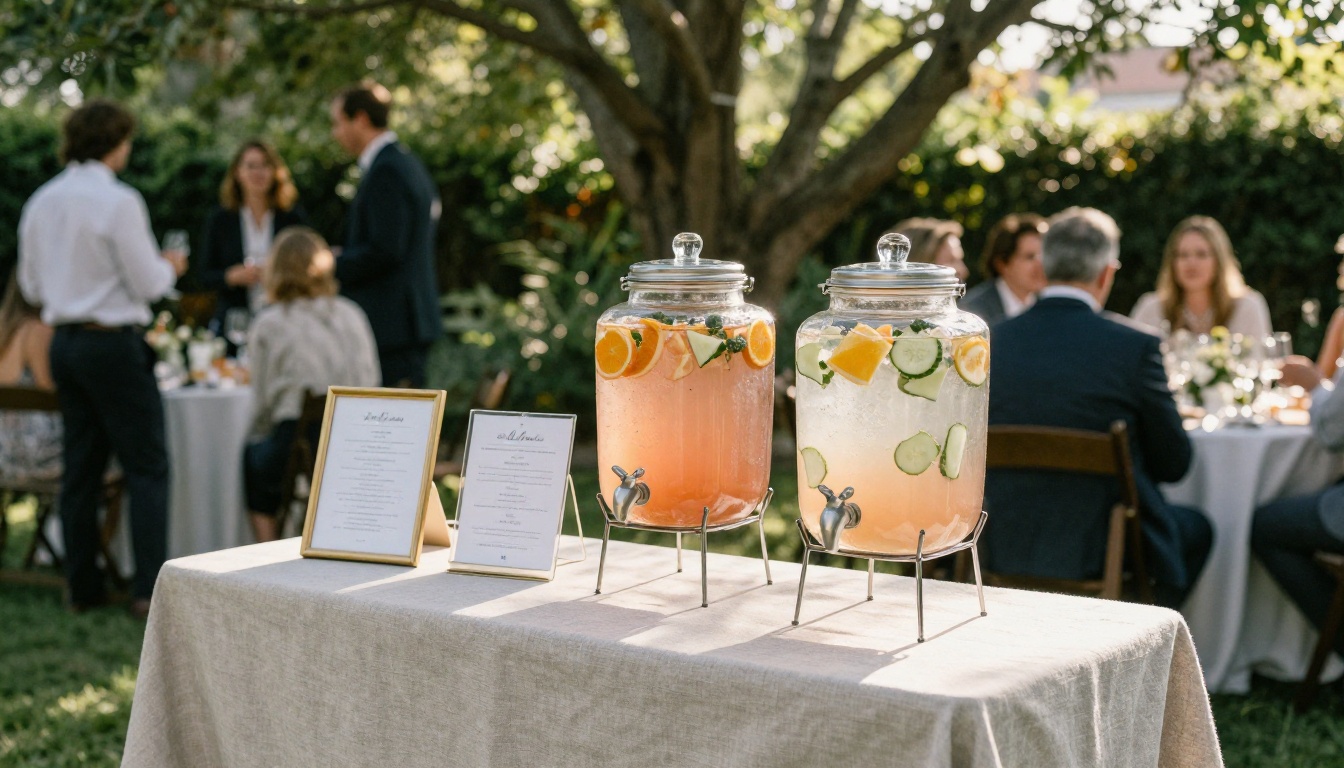 Garden wedding reception with a signature cocktail station and glass dispensers Garden wedding reception with a signature cocktail station and glass dispensers