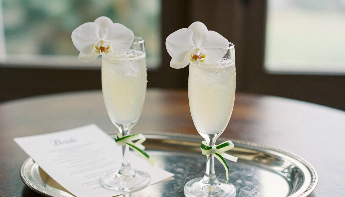Two champagne flutes garnished with edible orchids beside a small printed menu card Two champagne flutes garnished with edible orchids beside a small printed menu card