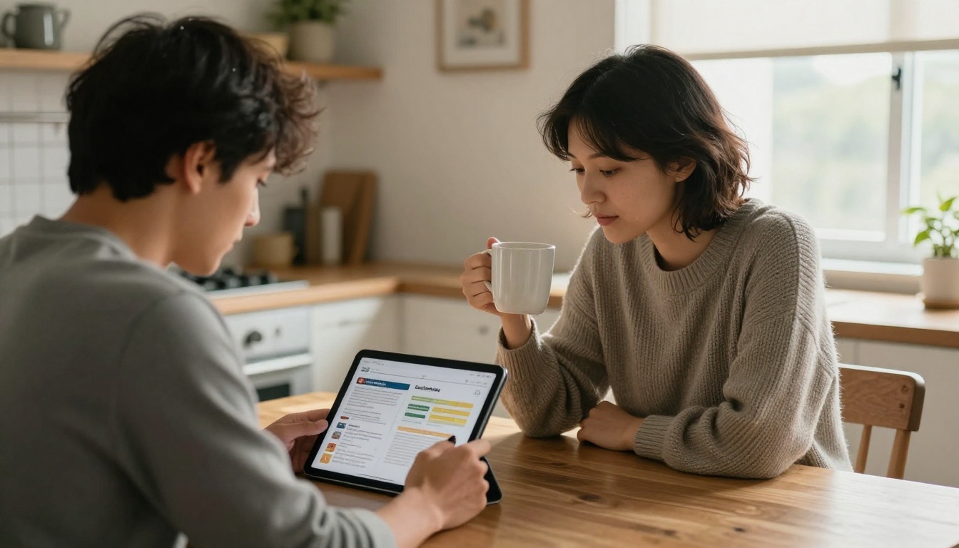 Father and mother reading a school brochure on a tablet at home Father and mother reading a school brochure on a tablet at home