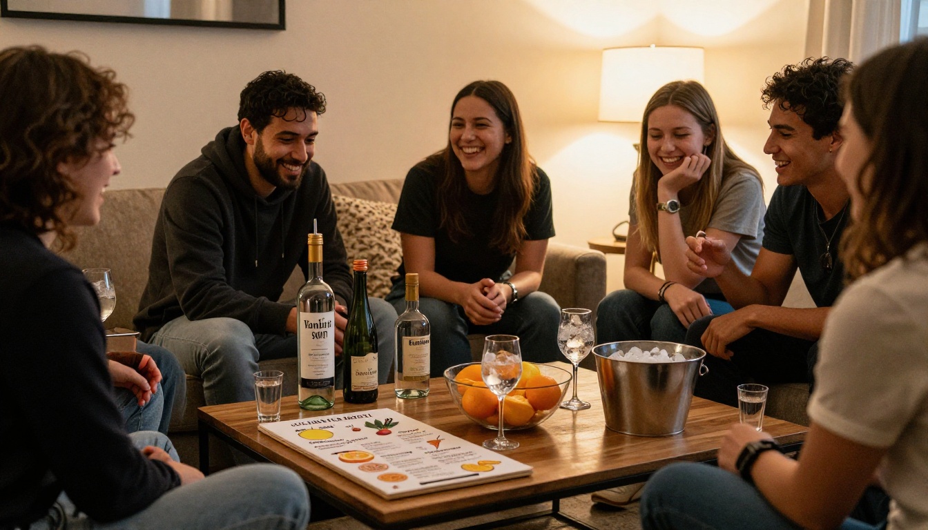 Friends laughing around a coffee table with a do-it-yourself cocktail menu board Friends laughing around a coffee table with a do-it-yourself cocktail menu board