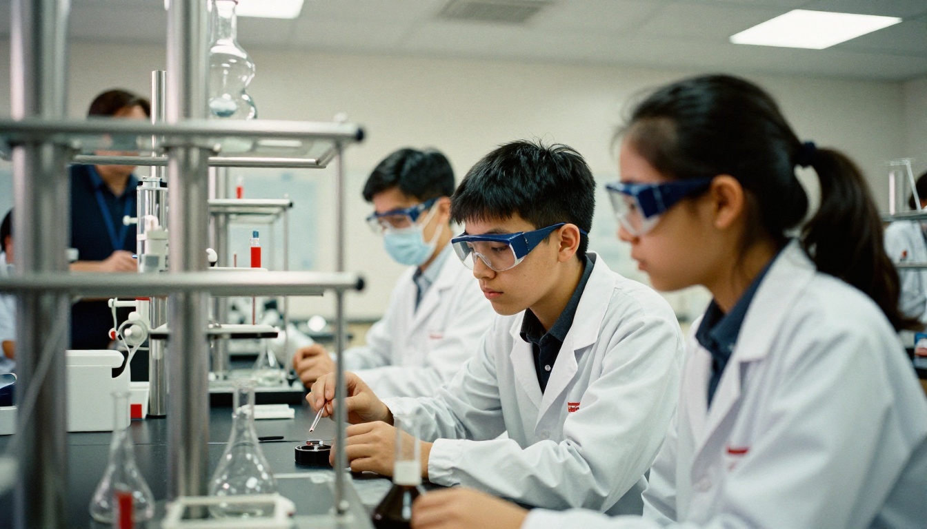 Students working in a school science laboratory with a teacher Students working in a school science laboratory with a teacher