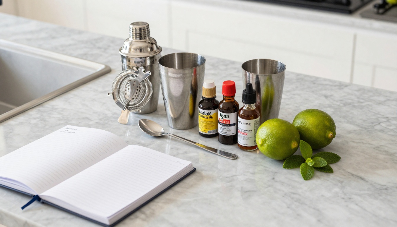 Flat lay of cocktail shaker, jigger, bar spoon, limes and mint on a marble counter Flat lay of cocktail shaker, jigger, bar spoon, limes and mint on a marble counter
