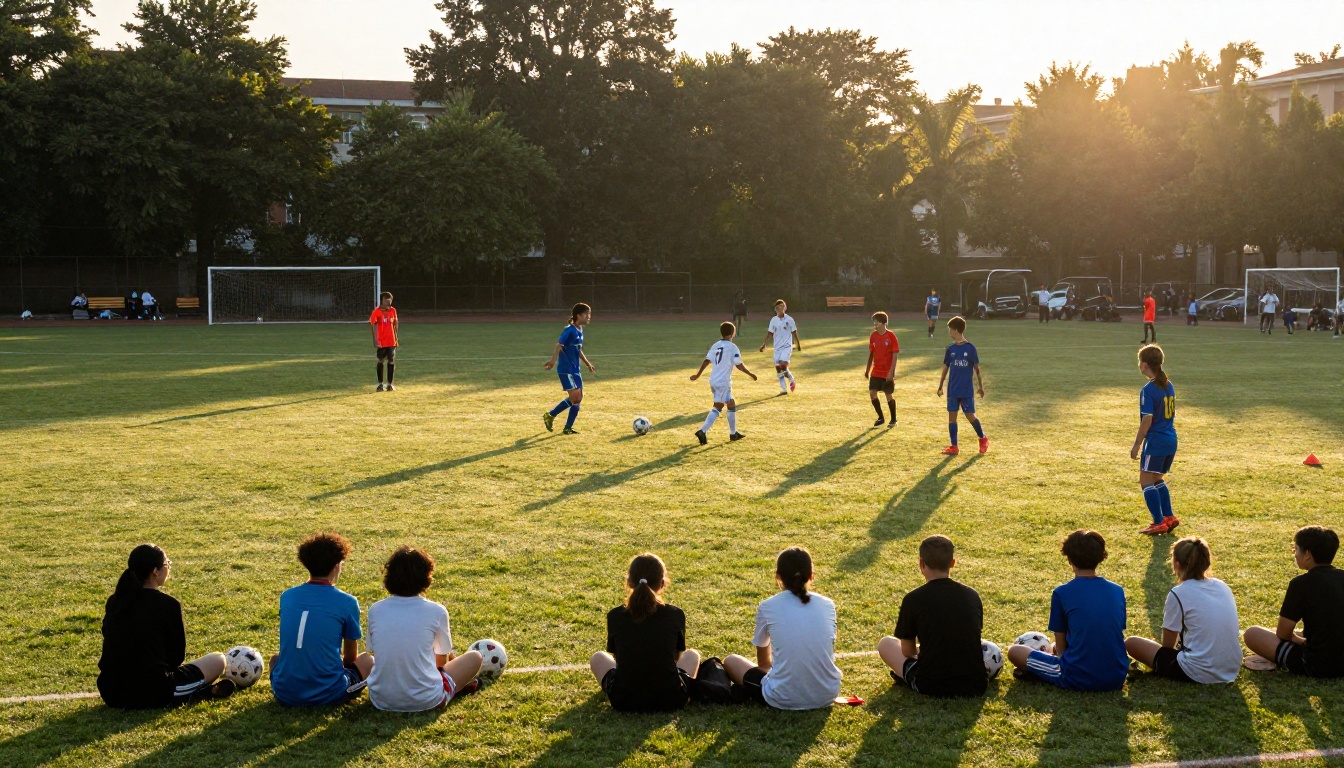 Students playing football on a school field at golden hour Students playing football on a school field at golden hour