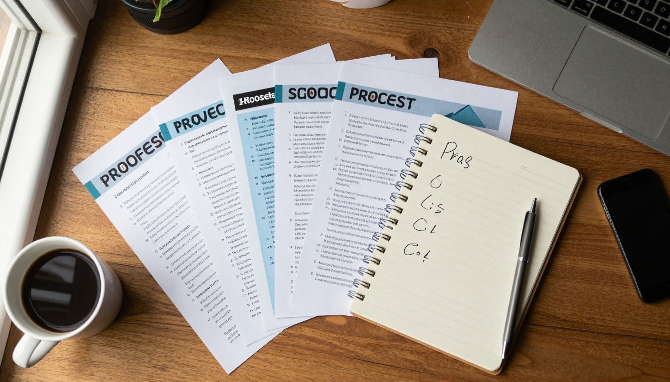 Flat lay of several school prospectuses with a notepad of pros and cons Flat lay of several school prospectuses with a notepad of pros and cons