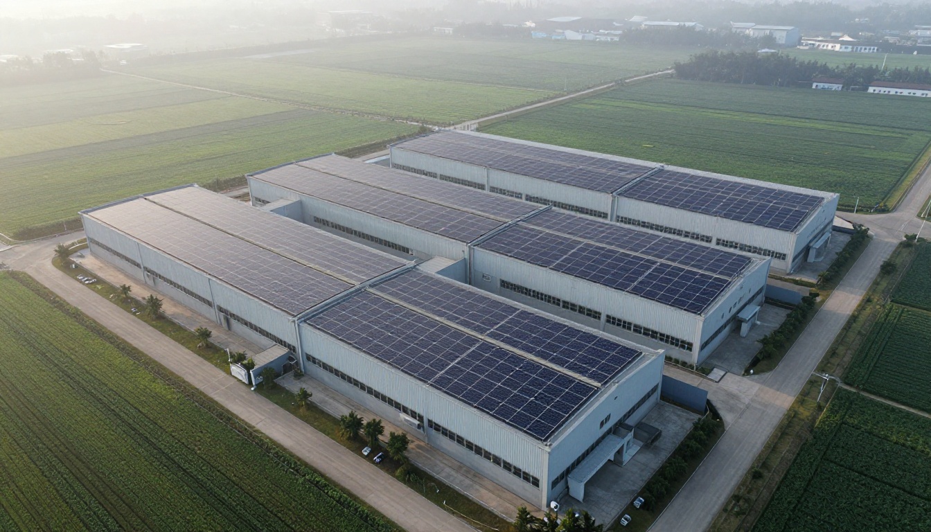 Aerial view of a large food factory campus with solar panels surrounded by farmland