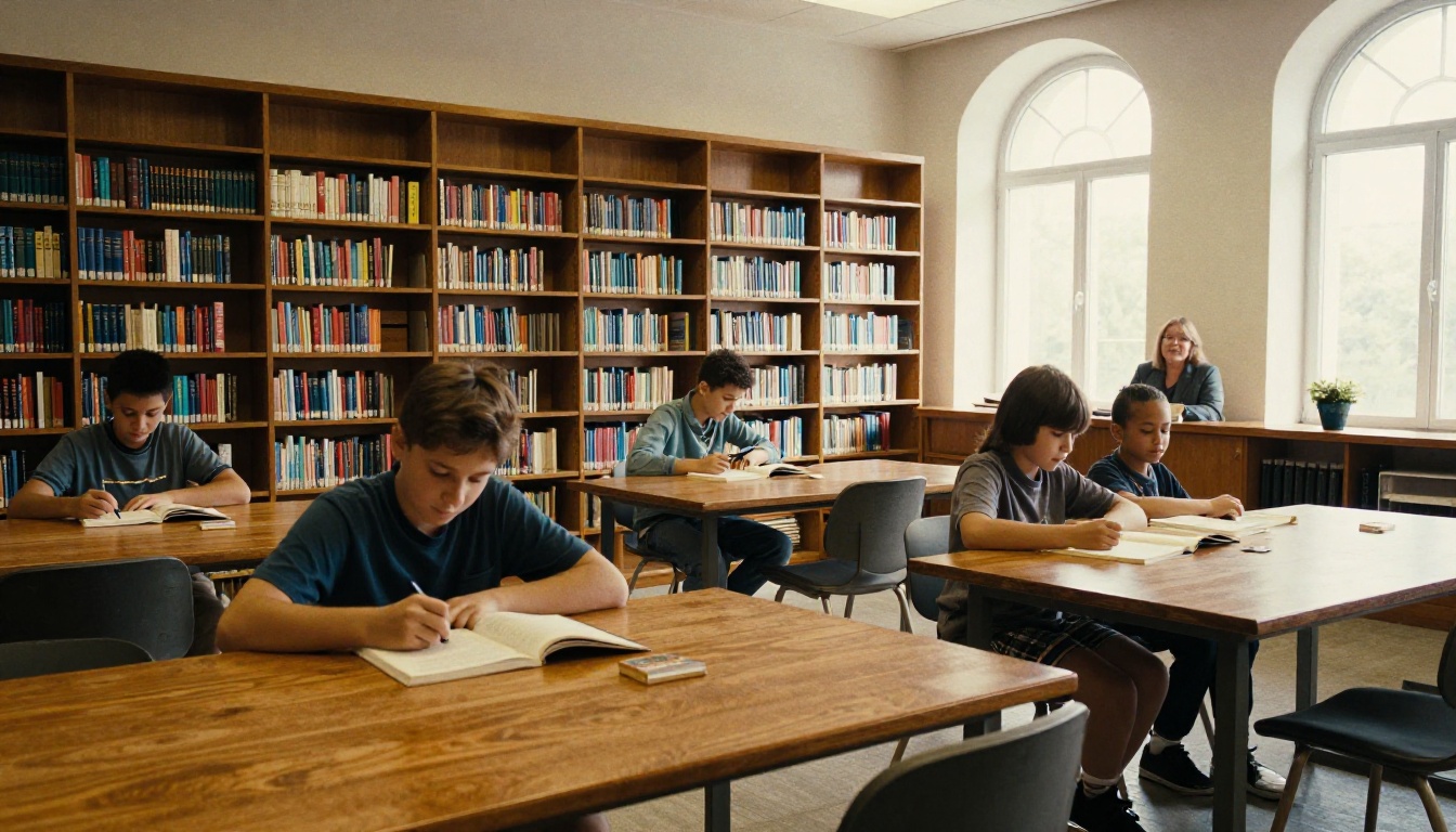 Students reading at long tables in a school library Students reading at long tables in a school library
