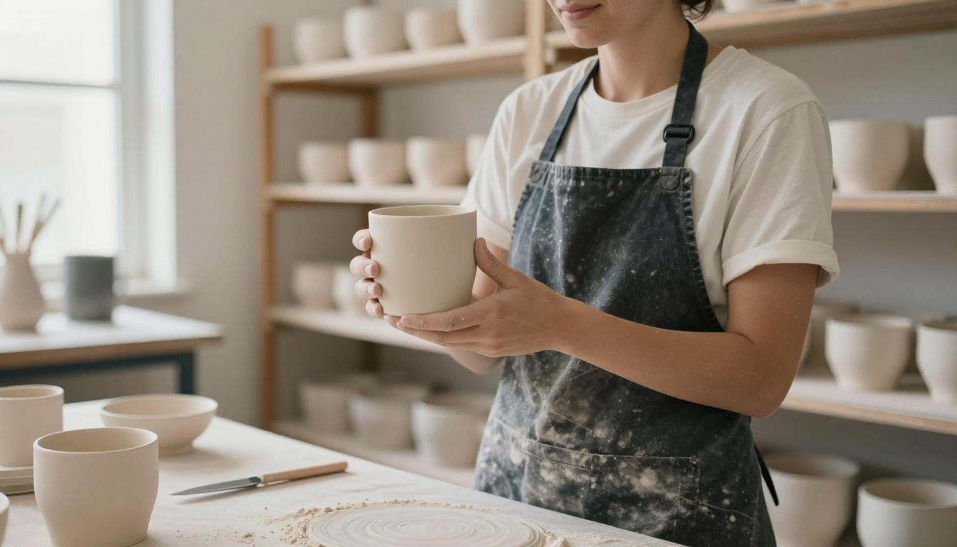 A small-brand founder in a ceramic studio holding a handmade mug